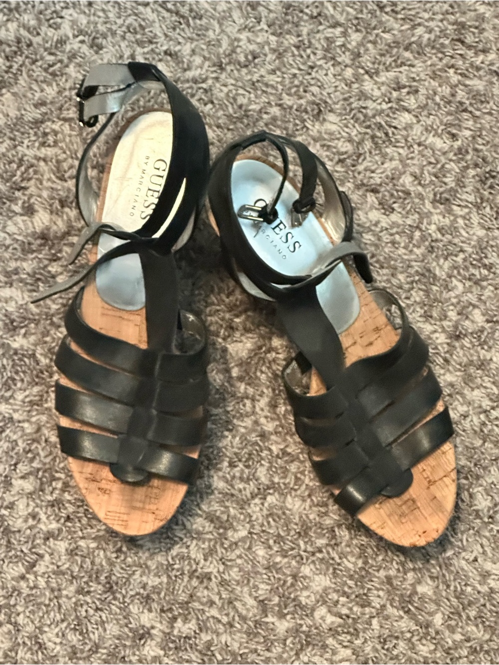 Guess Black Cork-Strap Wedge Sandals